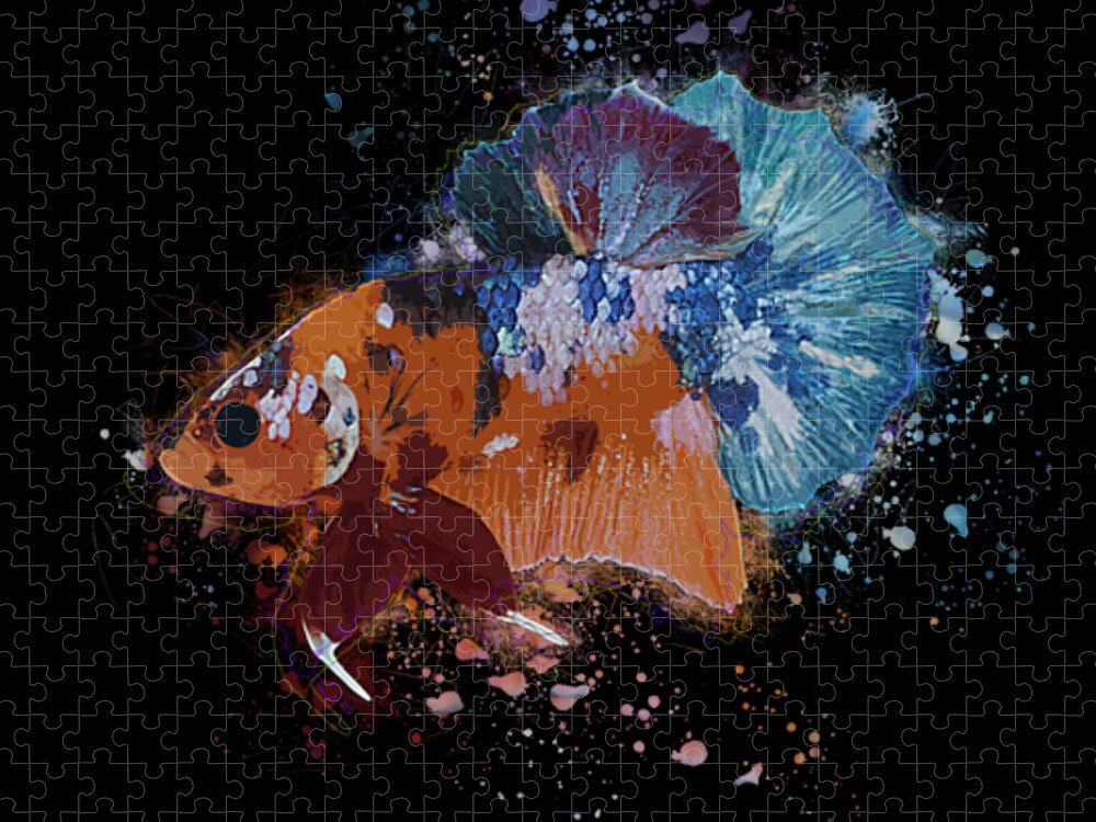 Artistic Jigsaw Puzzle featuring the digital art Artistic Orange Multicolor Betta Fish by Sambel Pedes