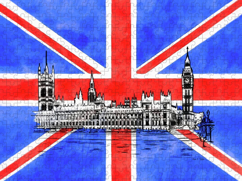 Union Jack Jigsaw Puzzle featuring the digital art Oh So British - Union Jack And Westminster by Mark E Tisdale