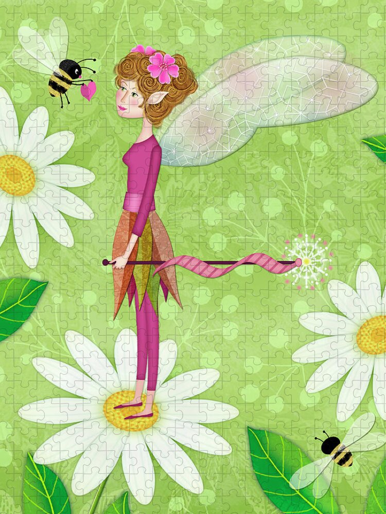 Letter F Jigsaw Puzzle featuring the digital art F is for Fairy and Flowers by Valerie Drake Lesiak