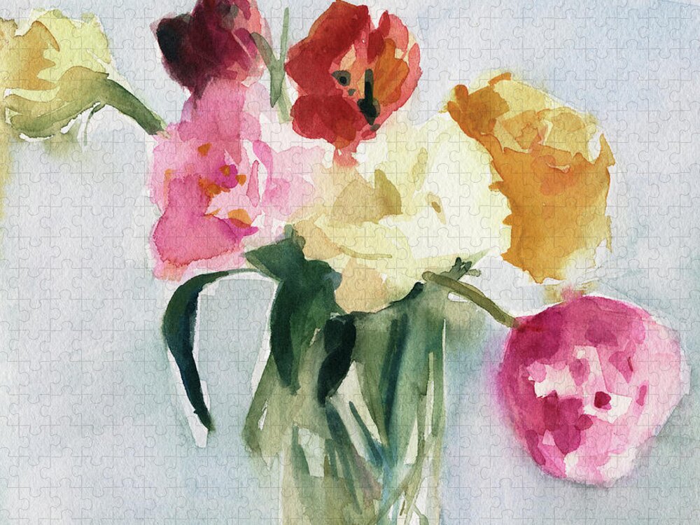 Floral Jigsaw Puzzle featuring the painting Tulips in My Studio by Beverly Brown