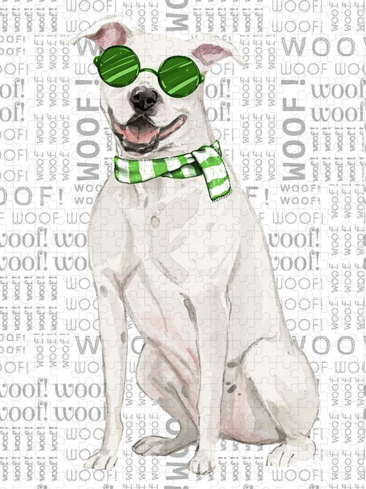 American Staffordshire Terrier Jigsaw Puzzle featuring the digital art White Pit Bull Fleas Navidog by Doreen Erhardt