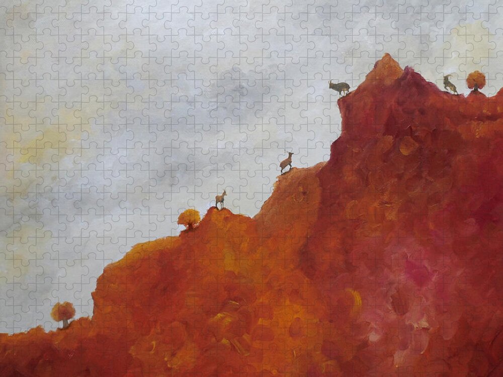 Goat Jigsaw Puzzle featuring the painting Edge Of Chasm by Angeles M Pomata