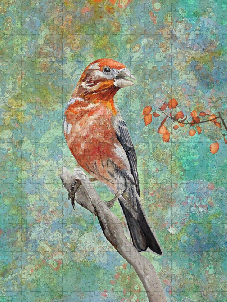 Finch Jigsaw Puzzle featuring the painting Looking Forward To The Spring by Angeles M Pomata