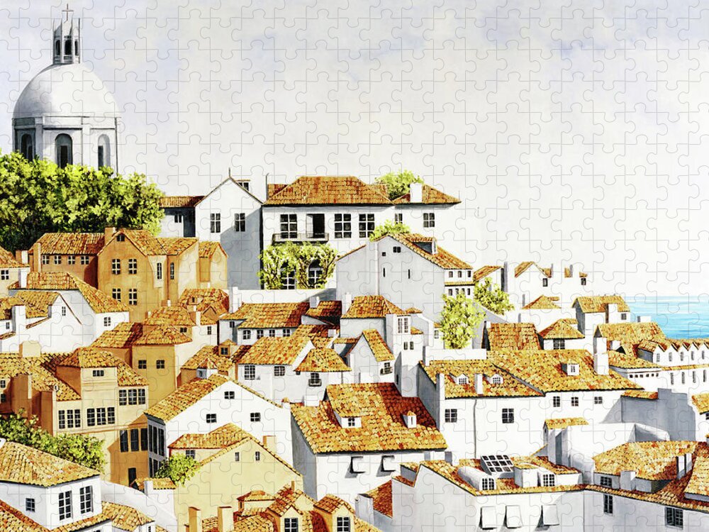 Square Art Jigsaw Puzzle featuring the painting OUT MY WINDOW IN LISBON-prints of oil painting by Mary Grden