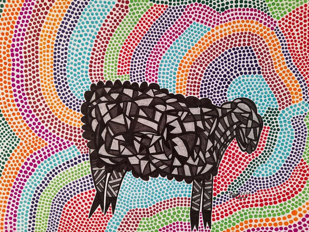 Sheep Jigsaw Puzzle featuring the drawing Funky Sheep by Peter Johnstone