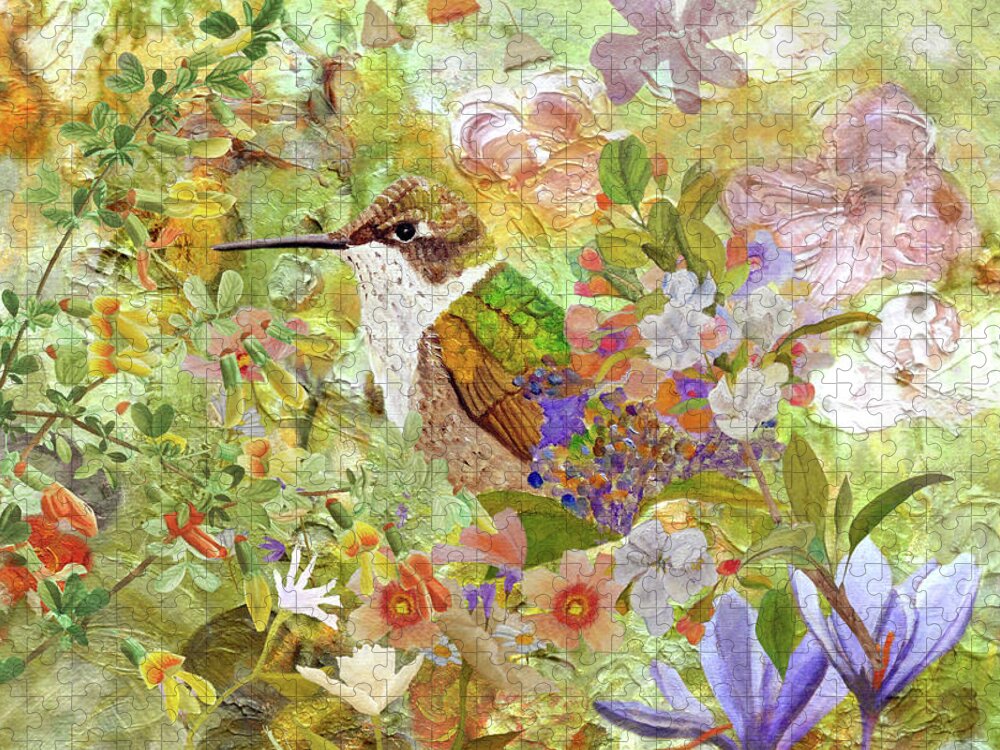 Hummingbird Jigsaw Puzzle featuring the painting Spring Arrival by Angeles M Pomata