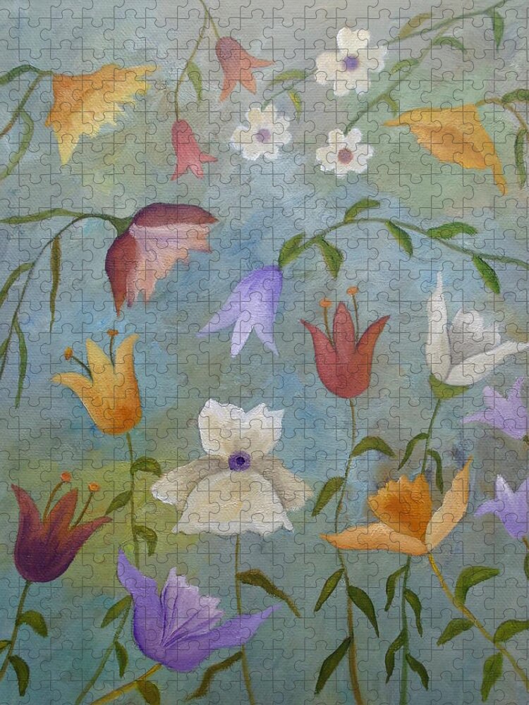 White Lily Jigsaw Puzzle featuring the painting Buoyant Wildflowers by Angeles M Pomata
