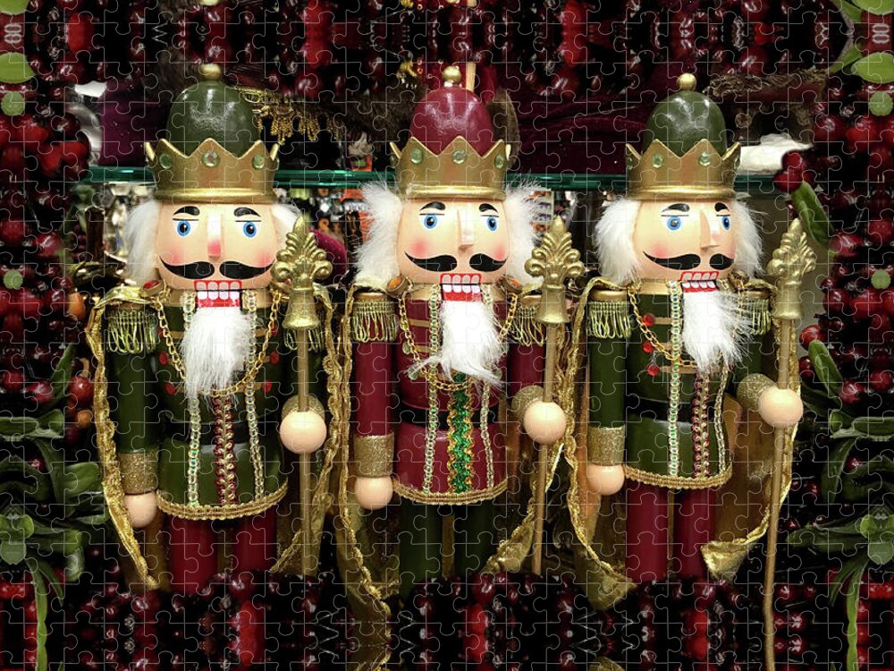 Nutcrackers Jigsaw Puzzle featuring the mixed media Golden Christmas Nutcrackers by Gravityx9 Designs