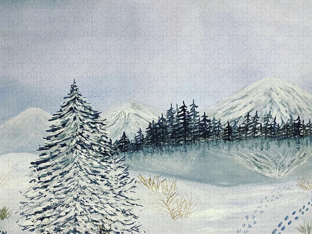 Winter Jigsaw Puzzle featuring the painting Winter Tree and Mountains by Lisa Neuman