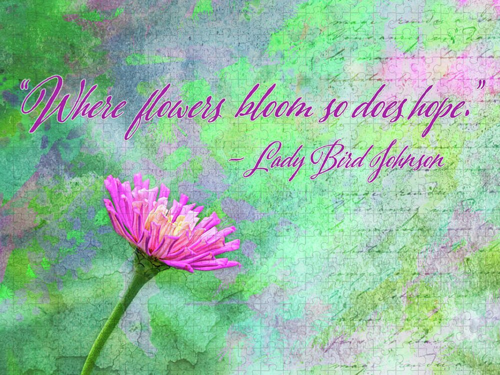 Affirmations Jigsaw Puzzle featuring the digital art Whimsical Zinnia with Lady Bird Johnson Quote by Marianne Campolongo