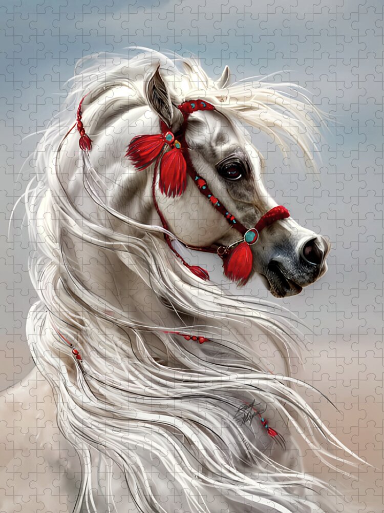 Equestrian Art Jigsaw Puzzle featuring the digital art Arabian with Red Tassels by Stacey Mayer by Stacey Mayer