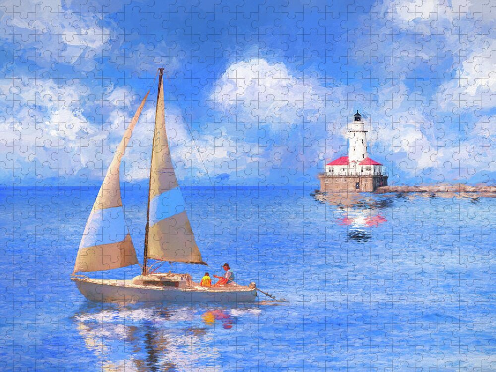 Chicago Harbor Light Jigsaw Puzzle featuring the digital art Beautiful Day For Sailing - Chicago Harbor Light by Mark E Tisdale