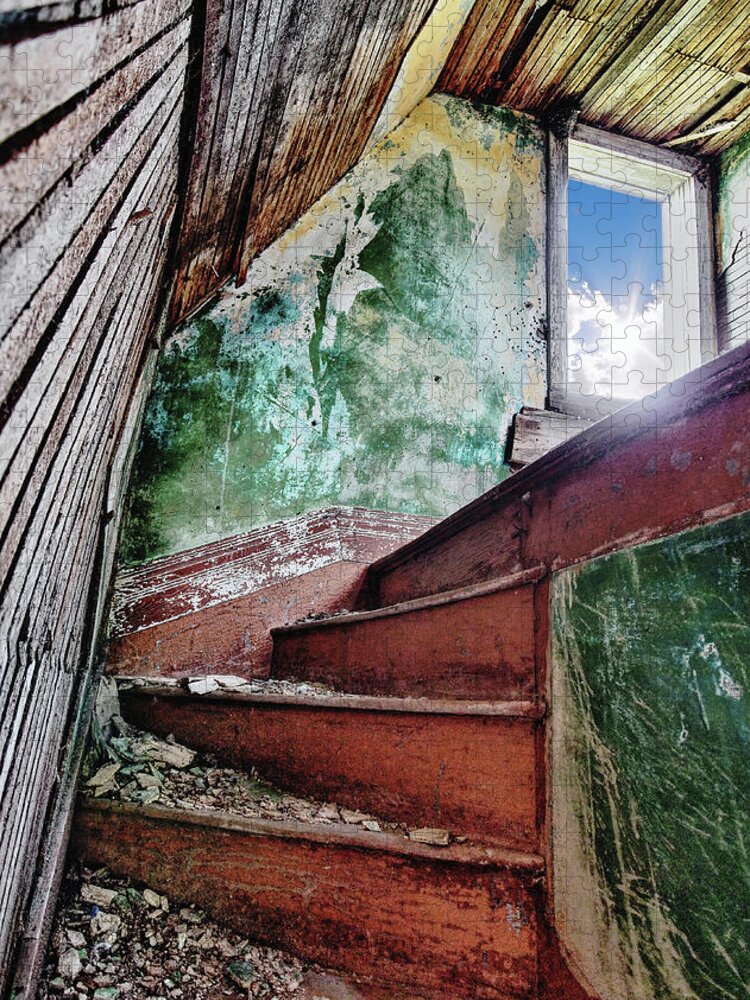 Torgerson Jigsaw Puzzle featuring the photograph Ascendant - handcrafted stairwell in the abandoned Torgerson farm homestead by Peter Herman