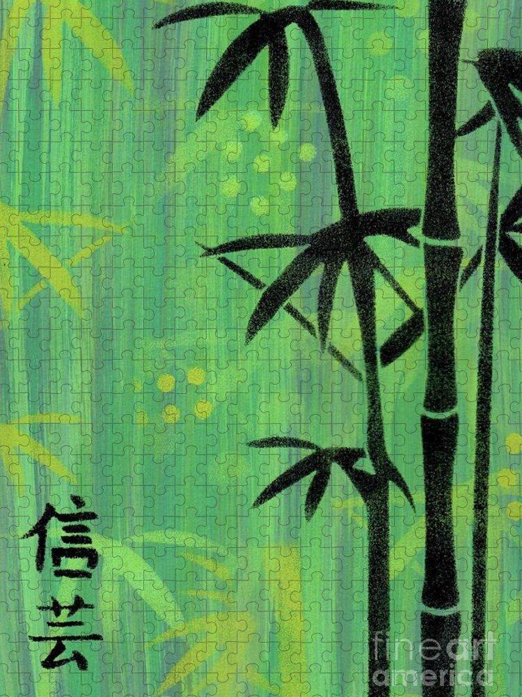 Retro Bamboo Jigsaw Puzzle featuring the painting Asian Bamboo Abstract in Greens by Donna Mibus