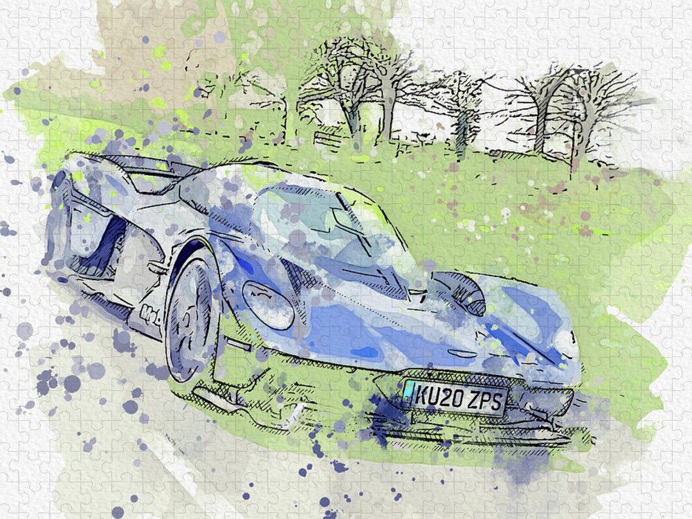 Oil On Canvas Jigsaw Puzzle featuring the digital art Aston Martin Valkyrie - Modern Cars Poster, watercolors ca 2020 by Ahmet Asar by Celestial Images