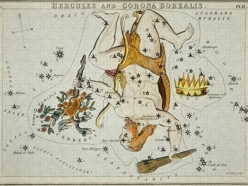 Astronomical Chart Jigsaw Puzzle featuring the drawing Astronomical chart illustration of the Hercules and the Corona Borealis by Sidney Hall