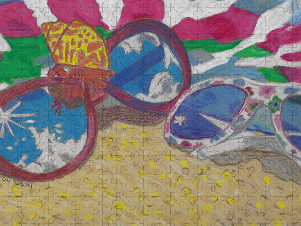 Beach Jigsaw Puzzle featuring the drawing At the Beach Sunglasses Lying on the Sand with a Hermit Crab and Beach Towel by Ali Baucom