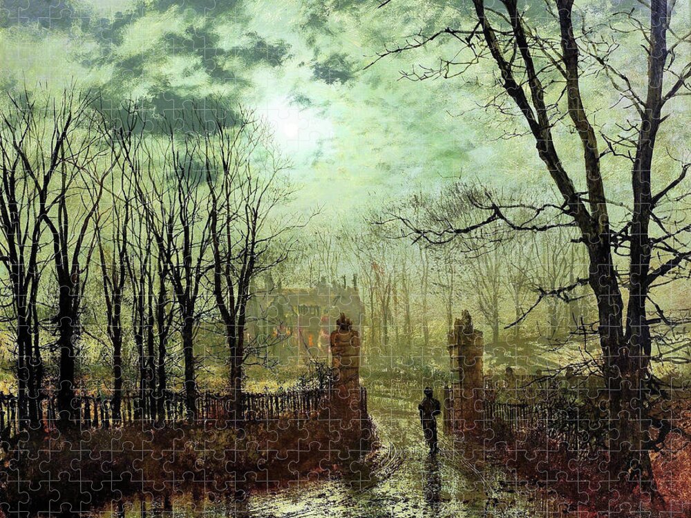 At The Park Gate Jigsaw Puzzle featuring the painting At The Park Gate - Digital Remastered Edition by John Atkinson Grimshaw