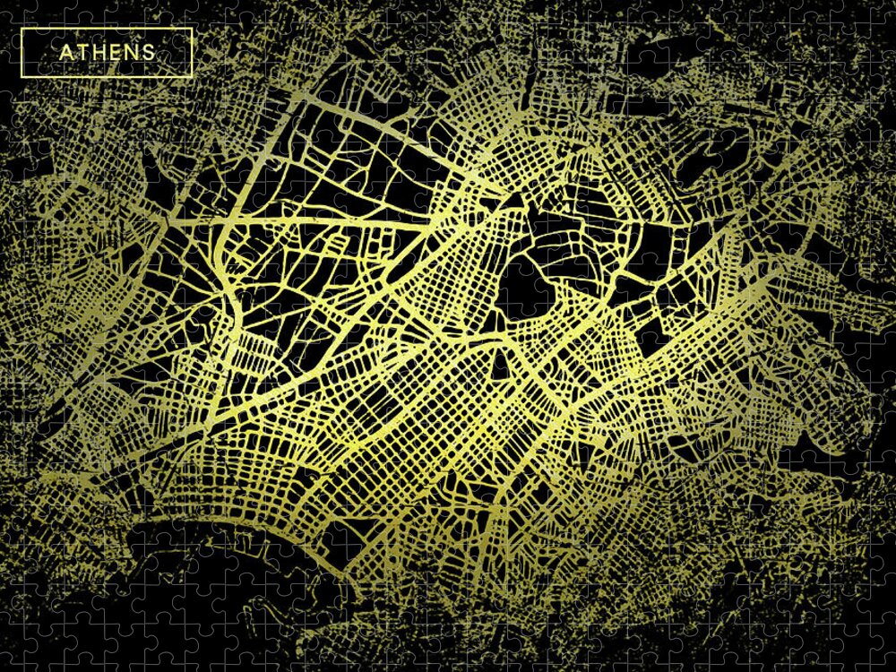 Map Jigsaw Puzzle featuring the digital art Athens Map in Gold and Black by Sambel Pedes