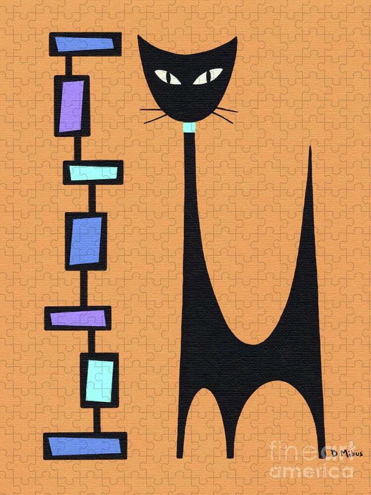 Mid Century Modern Black Cat Jigsaw Puzzle featuring the painting Atomic Cat with Mod Rectangle Tower by Donna Mibus