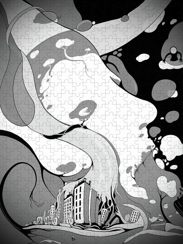Black And White Jigsaw Puzzle featuring the digital art Atrophy Of Consciousness BW by Craig Tilley