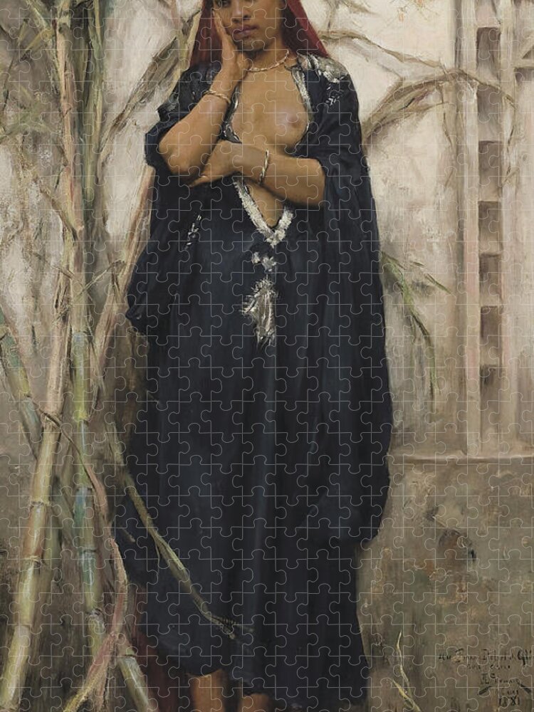 Woman Jigsaw Puzzle featuring the painting Au Jardin, 1881 by Julius Leblanc Stewart by Julius Leblanc Stewart