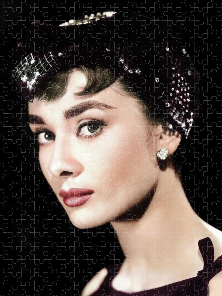 Audrey Hepburn Jigsaw Puzzle featuring the photograph Audrey Hepburn colorized by Movie World Posters
