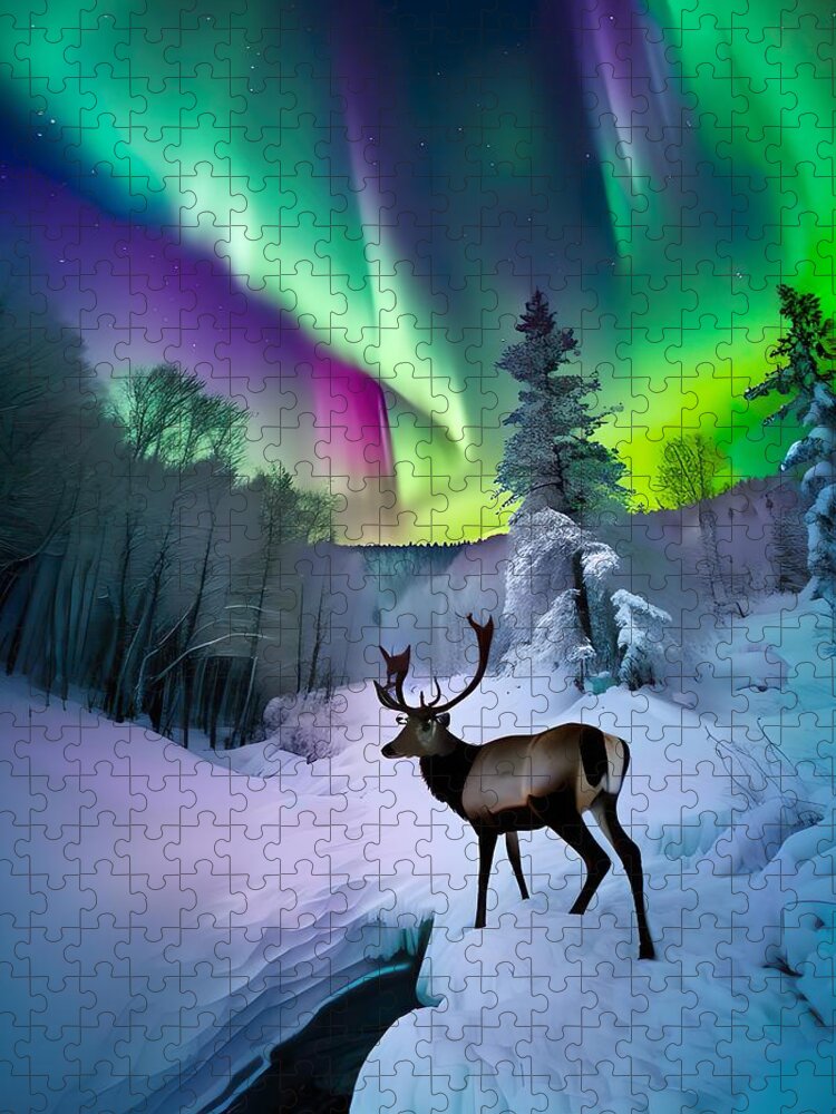 Aurora Borealis Jigsaw Puzzle featuring the mixed media Aurora Winter Miracle by Lisa Pearlman