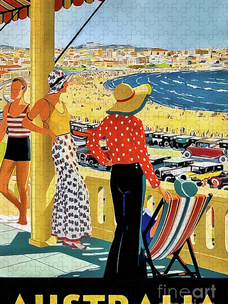 Australia Jigsaw Puzzle featuring the drawing Australia 1929 Art Deco Bondi Beach Poster by M G Whittingham