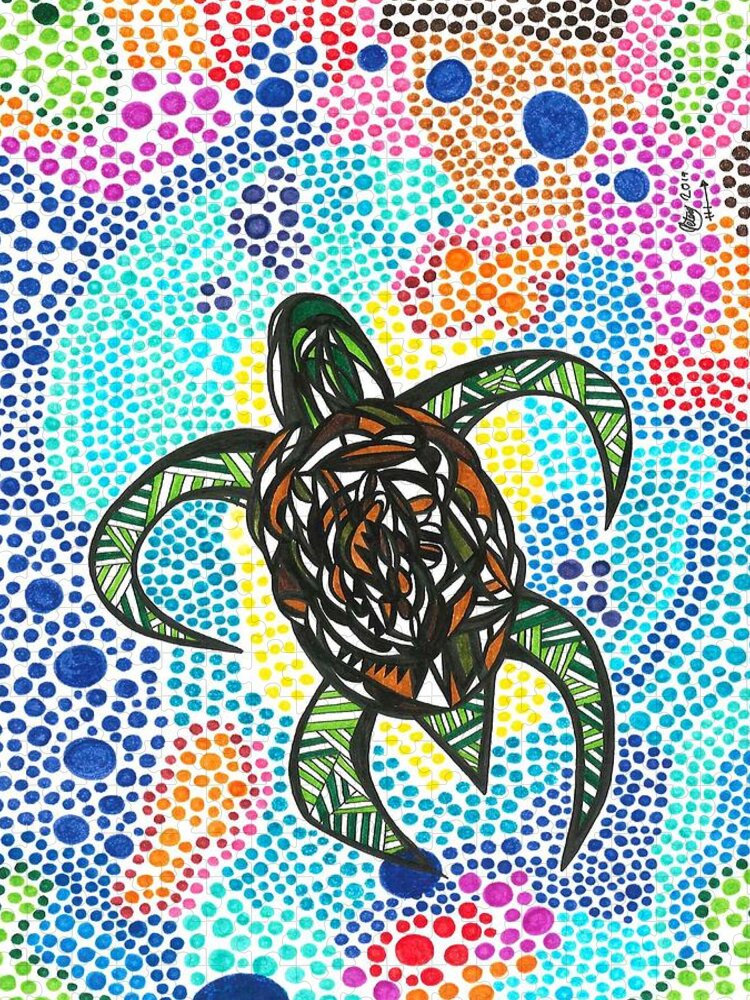 Sea Turtle Jigsaw Puzzle featuring the drawing Funky Turtle by Peter Johnstone