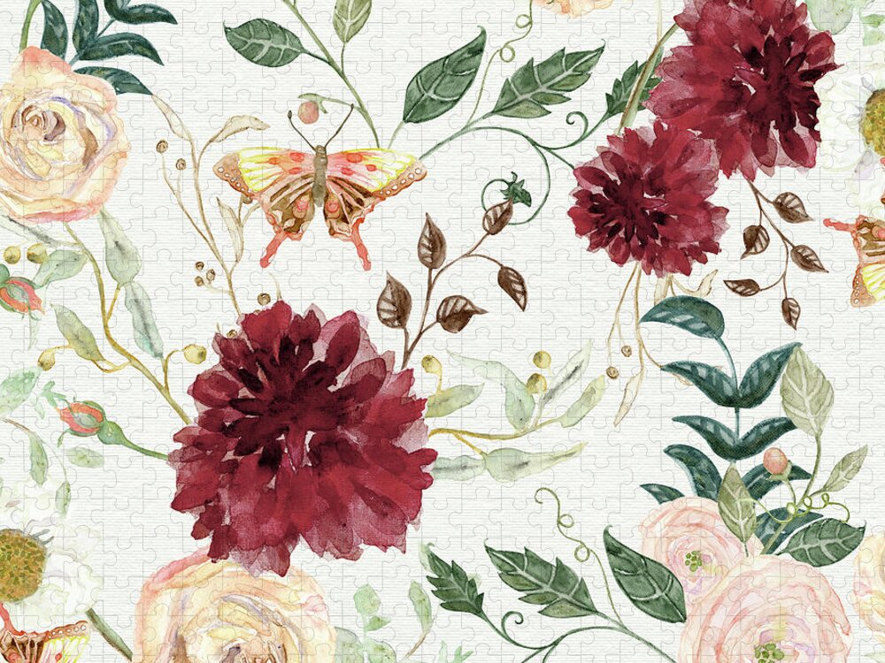 Modern Bohemian Floral Jigsaw Puzzle featuring the painting Autumn Fall Burgundy Blush Floral Butterfly w Foliage Greenery by Audrey Jeanne Roberts