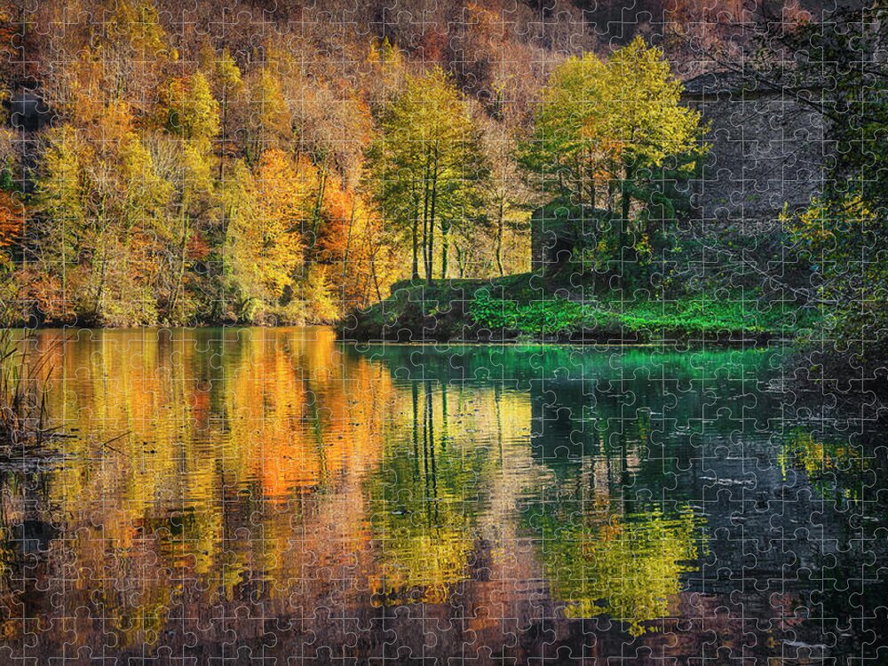 Autumn Jigsaw Puzzle featuring the photograph Autumn foliage on the lake of Isola Santa. Garfagnana, Tuscany, by Stefano Orazzini