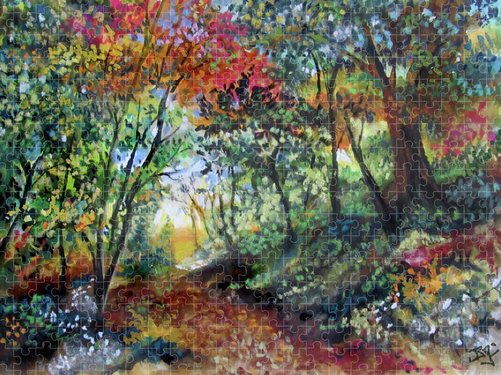 Colorful Autumn Landscape Jigsaw Puzzle featuring the painting Autumn Forest path by Jean Batzell Fitzgerald
