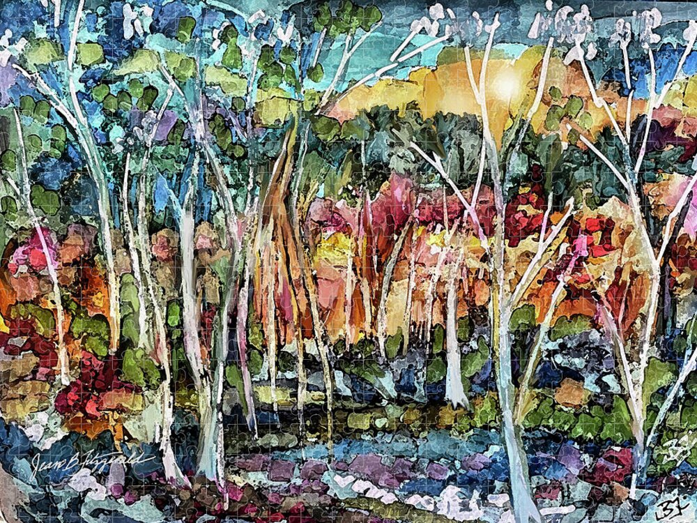 Alcohol Ink Jigsaw Puzzle featuring the mixed media Autumn Forest Sunrise by Jean Batzell Fitzgerald