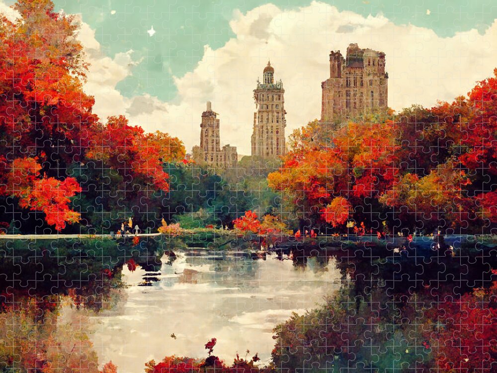 Auschwitz Jigsaw Puzzle featuring the painting Autumn in Central Park New York City. Lofi art dee9b311 f3e8 4a8c 86d7 7dfb84b6d9fe by by MotionAge Designs