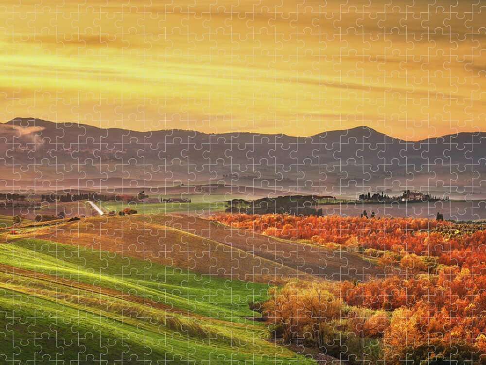 Autumn Jigsaw Puzzle featuring the photograph Autumn in Tuscany, rolling hills and woods. Santa Luce by Stefano Orazzini