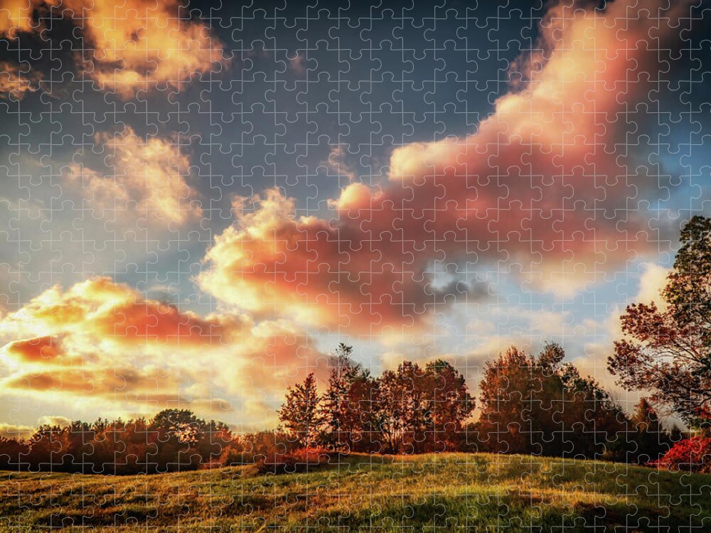 Foliage Jigsaw Puzzle featuring the photograph Autumn landscape and pink clouds by Lilia S