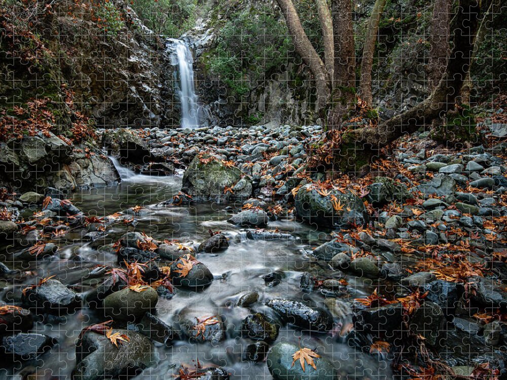 Waterfall Jigsaw Puzzle featuring the photograph Autumn landscape and waterfall and yellow leaves by Michalakis Ppalis