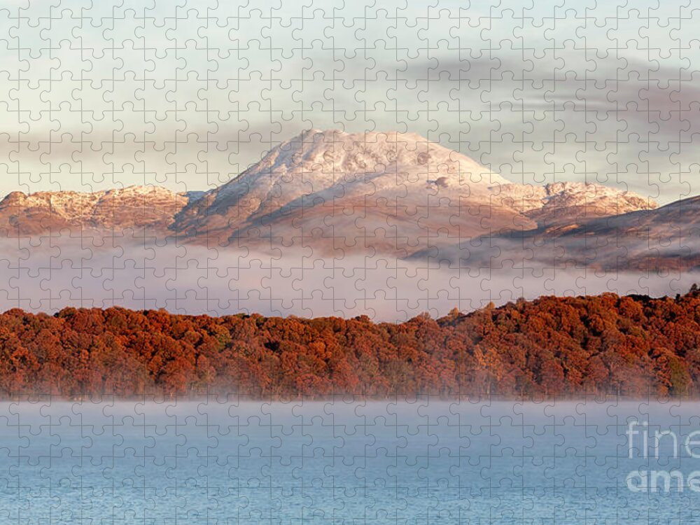 Ben Lomond Jigsaw Puzzle featuring the photograph Autumn mist shrouded between Mountain and Loch by Maria Gaellman