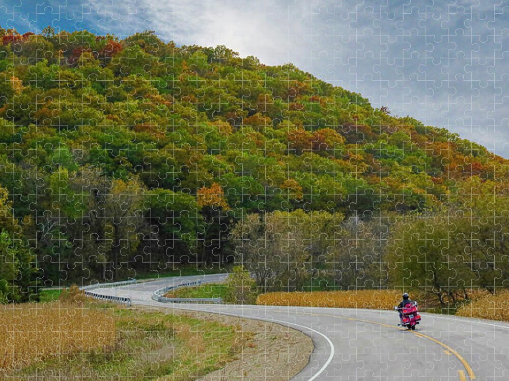 Autumn Jigsaw Puzzle featuring the photograph Autumn Motorcycle Rider / Red by Patti Deters