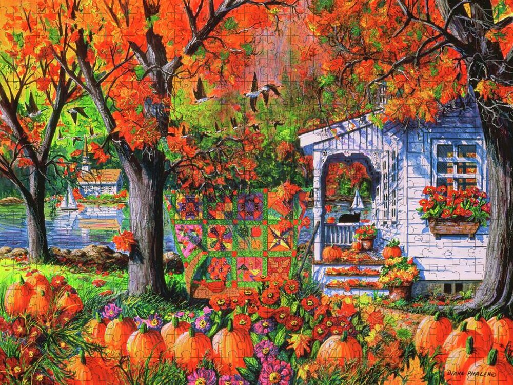 Autumn Landscape With Autumn Patchwork Quilt Jigsaw Puzzle featuring the painting Autumn Patchwork Quilt by Diane Phalen