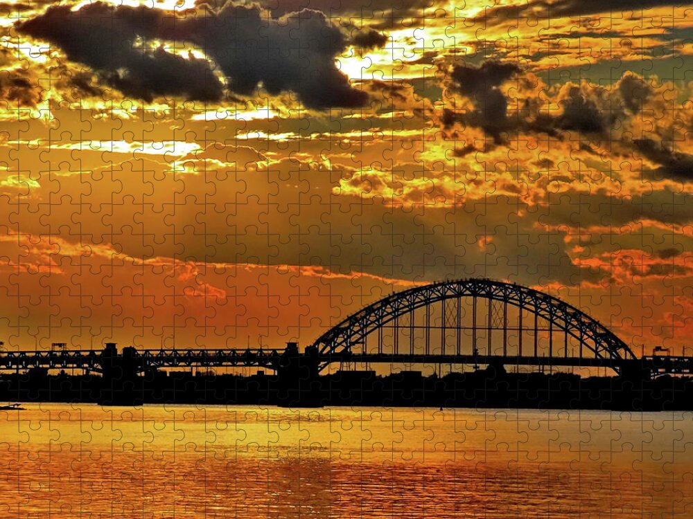 Sunset Jigsaw Puzzle featuring the photograph Autumn Sunset Behind Tacony-Palmyra Bridge on the Delaware by Linda Stern