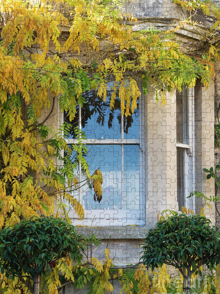 Wisteria Jigsaw Puzzle featuring the photograph Autumn Wisteria Foliage Around a Cotswold House Window by Tim Gainey