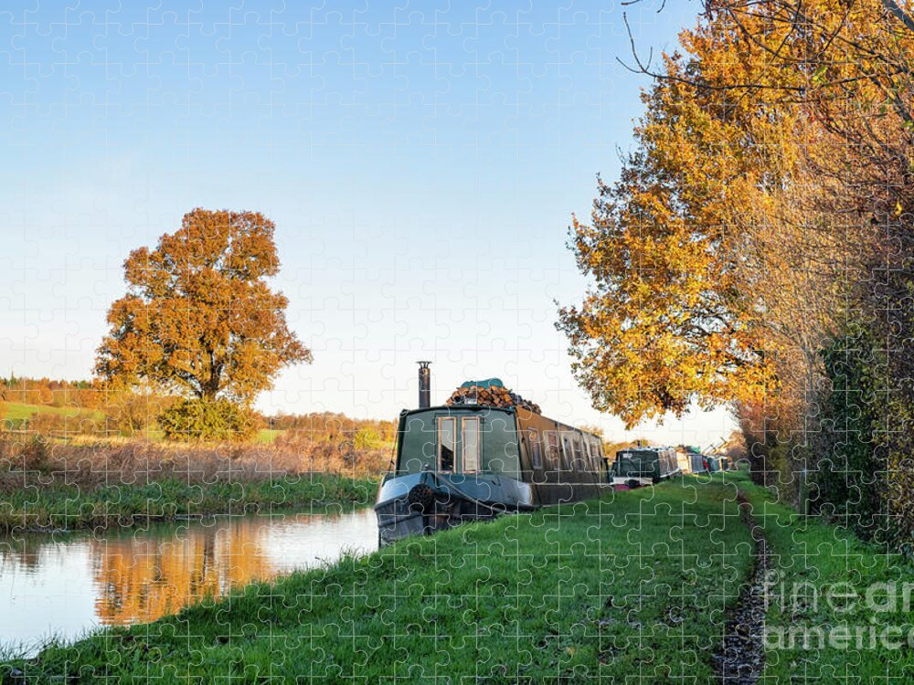 Narrowboat Jigsaw Puzzle featuring the photograph Autumnal Sunrise on the Oxford Canal by Tim Gainey