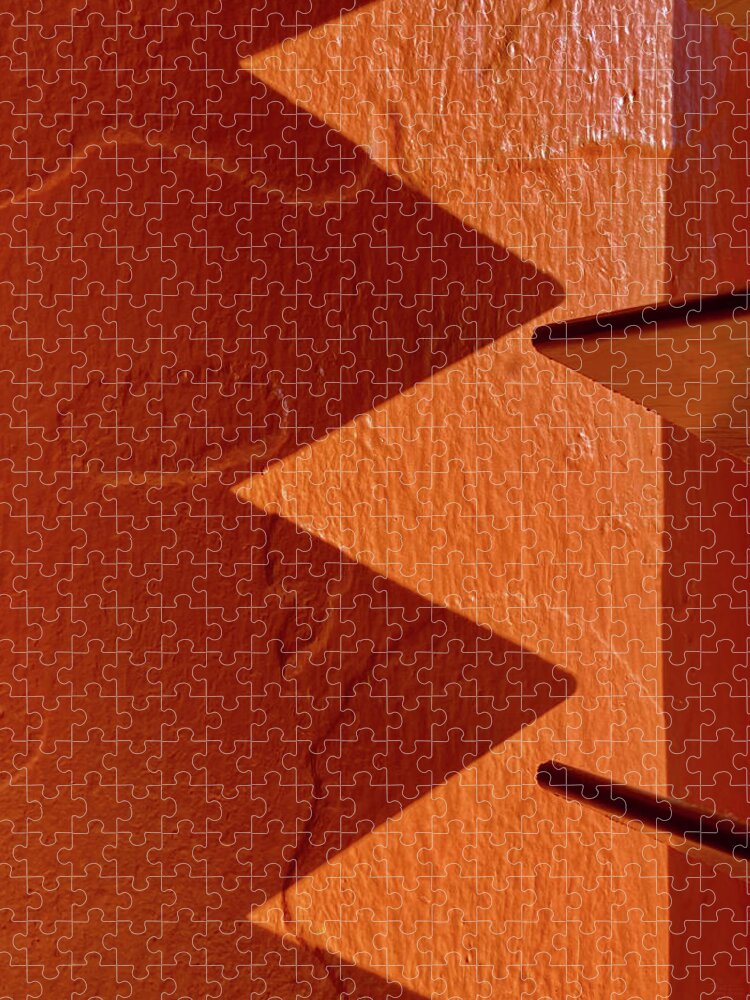 Shadows Jigsaw Puzzle featuring the photograph Aztec Shadows #1 - venetian blind shadow at a Mexican restaurant on orange wall by Peter Herman