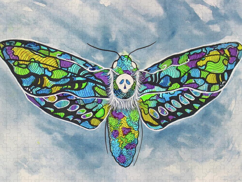 Death Moth Jigsaw Puzzle featuring the painting Azure Elegance Suncatcher Death Moth by Kathy Pope