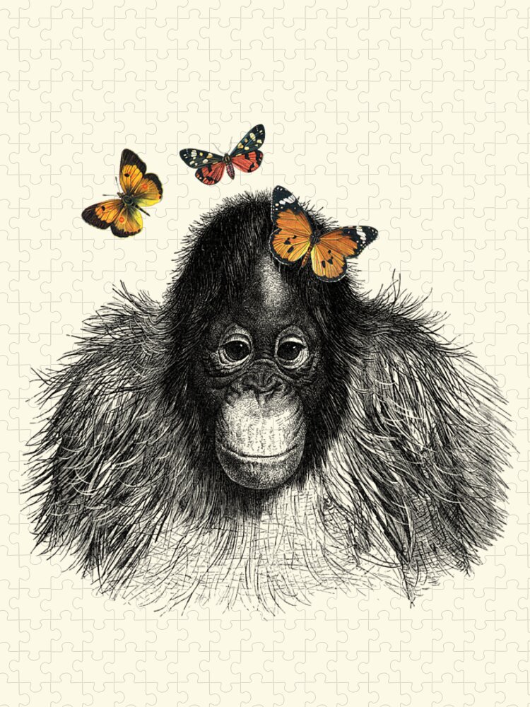Monkey Jigsaw Puzzle featuring the digital art Baby monkey with orange butterflies by Madame Memento