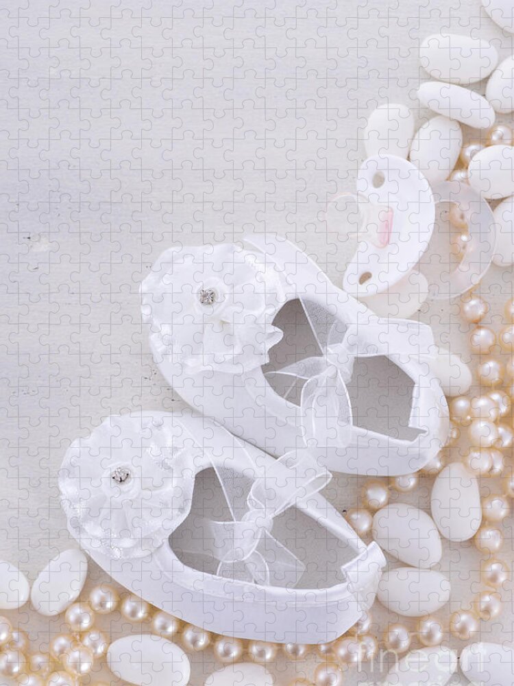 Accessories Jigsaw Puzzle featuring the photograph Baby shower neutral white background. by Milleflore Images