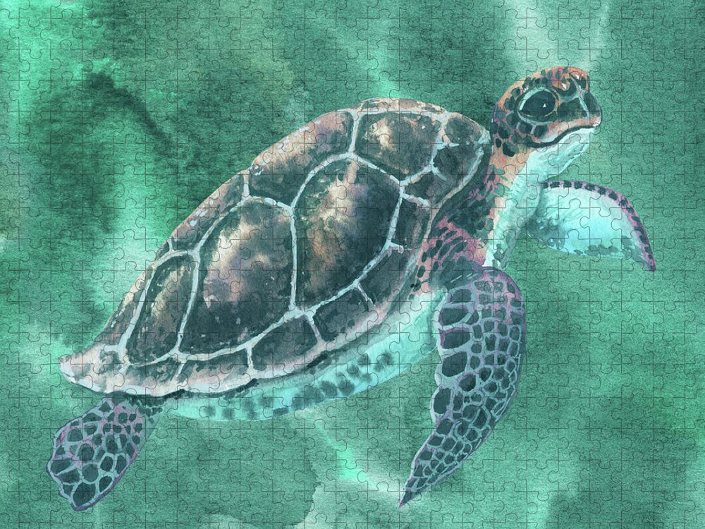 Baby Turtle Jigsaw Puzzle featuring the painting Baby Turtle In Teal Blue Green Waters Watercolor by Irina Sztukowski