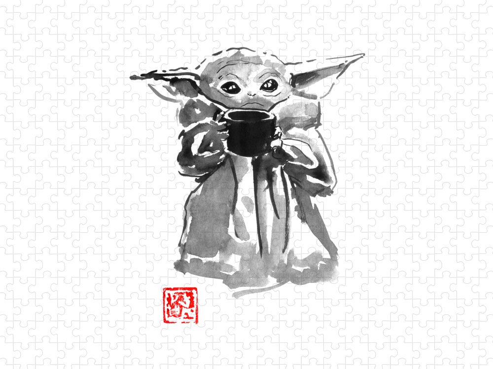 Baby Yoda Jigsaw Puzzle featuring the drawing Baby Yoda Face by Pechane Sumie